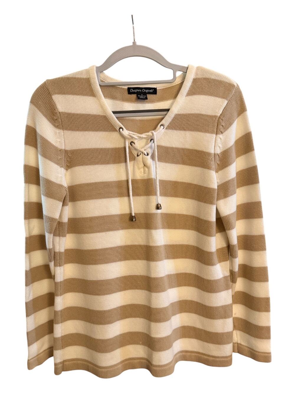 Designers Originals Striped Lace Up Sweater Cotton Knit Beige Ivory S